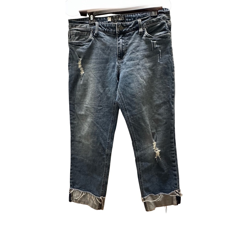 Kut from the Kloth Women Faded Blue Slim Straight Jeans with Distressed Details